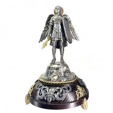 Статуэтка «Архистратиг Михаил» на комбинированном постаменте из дерева и мрамора с золотым нимбом и золотым мечом